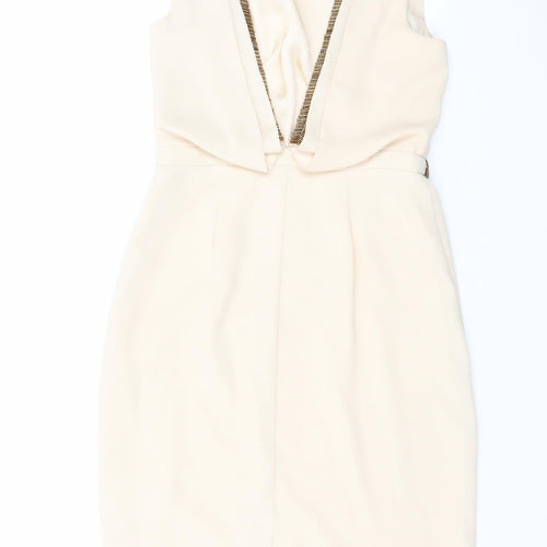 Warehouse Womens Beige Sheath Dress UK 10 Sleeveless Beaded Belt Classic Style