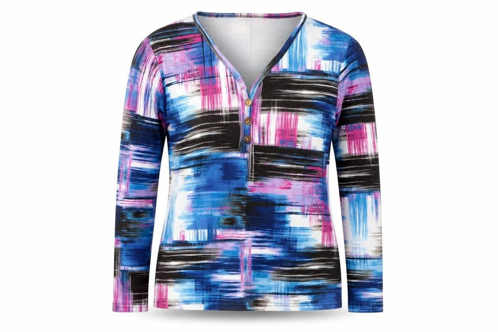 F.D. Joseph Women's Multicoloured Long Sleeve Jersey Henley T-Shirt L