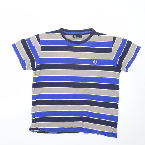 Fred Perry Men's Blue Striped Crew Neck Cotton T-Shirt Size M