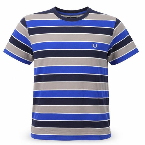 Fred Perry Men's Blue Striped Crew Neck Cotton T-Shirt Size M