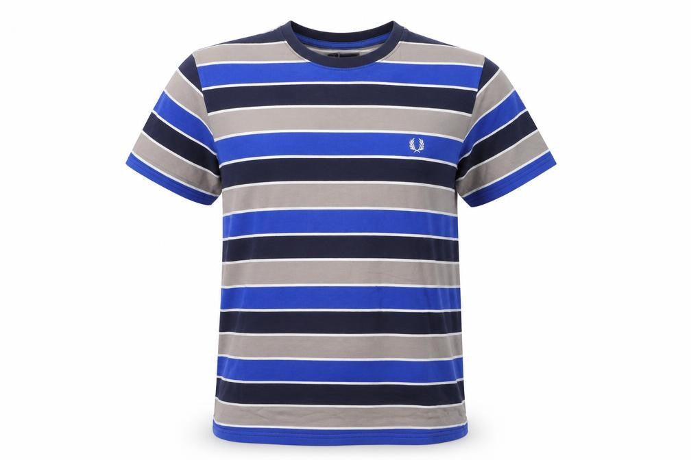 Fred Perry Men's Blue Striped Crew Neck Cotton T-Shirt Size M