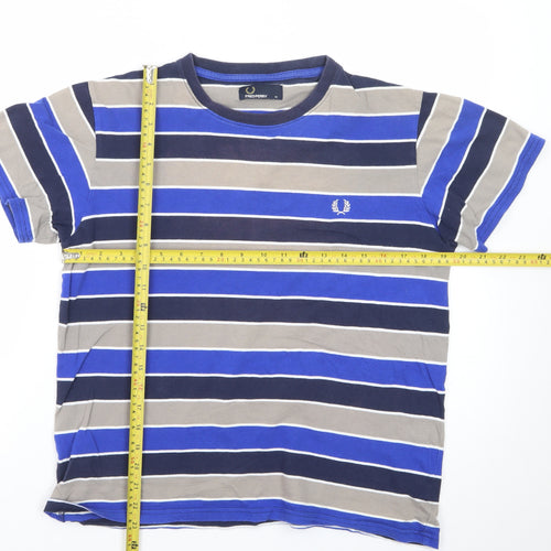Fred Perry Men's Blue Striped Crew Neck Cotton T-Shirt Size M