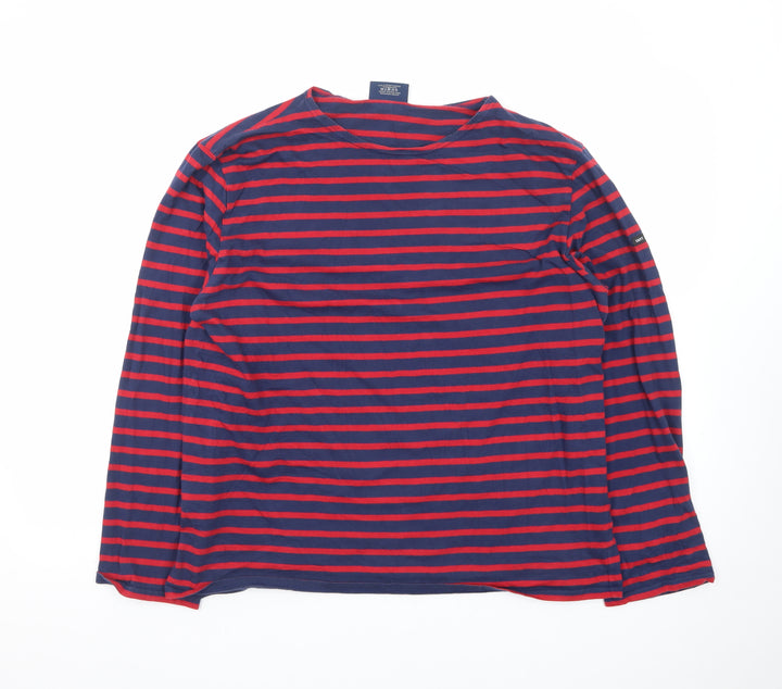 Saint James Men's Navy Red Striped Long Sleeve Cotton T-Shirt Size L