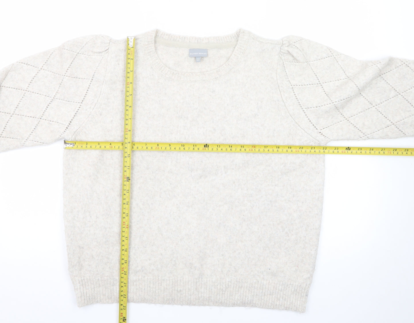 Oliver Bonas Women Beige Puff Sleeve Jumper UK 18 Wool Blend