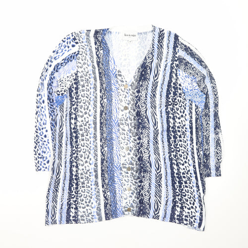 Leo & Ugo Women’s Blue Animal Print V-Neck 3/4 Sleeve Cardigan L