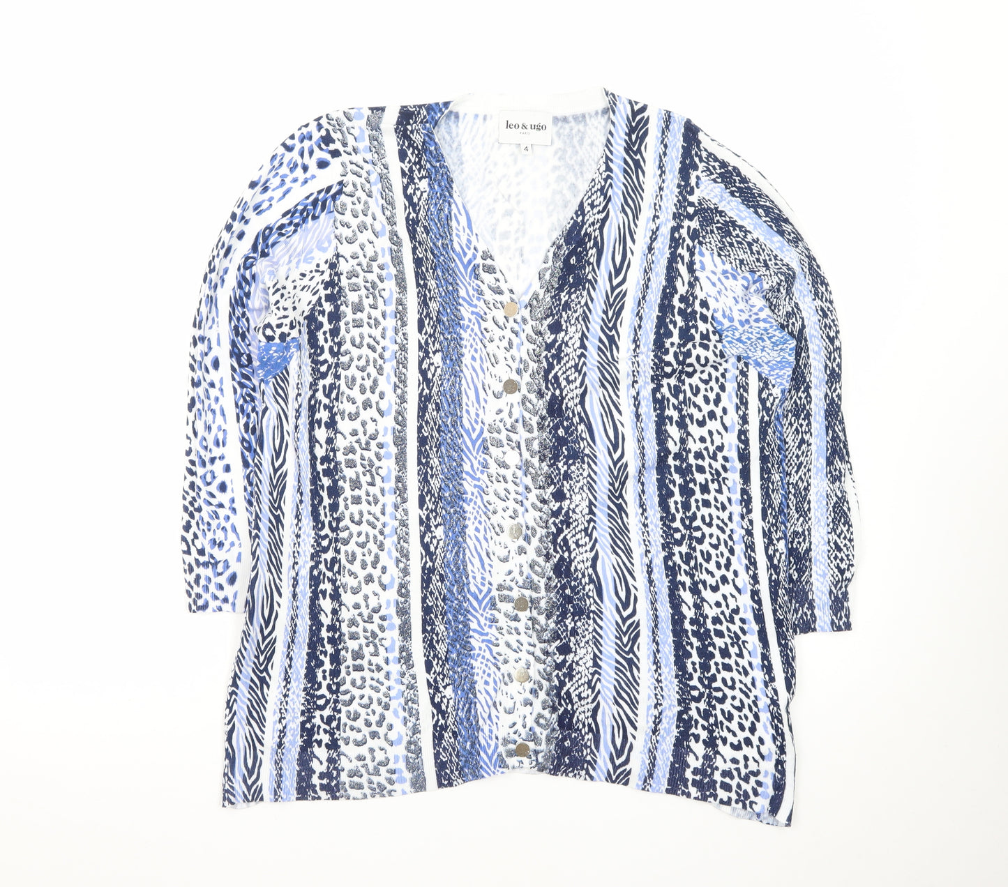 Leo & Ugo Women’s Blue Animal Print V-Neck 3/4 Sleeve Cardigan L