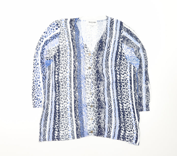 Leo & Ugo Women’s Blue Animal Print V-Neck 3/4 Sleeve Cardigan L