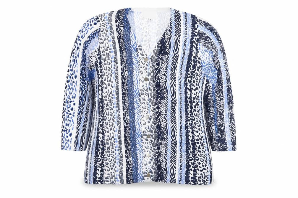 Leo & Ugo Women’s Blue Animal Print V-Neck 3/4 Sleeve Cardigan L
