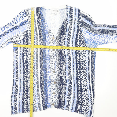Leo & Ugo Women’s Blue Animal Print V-Neck 3/4 Sleeve Cardigan L
