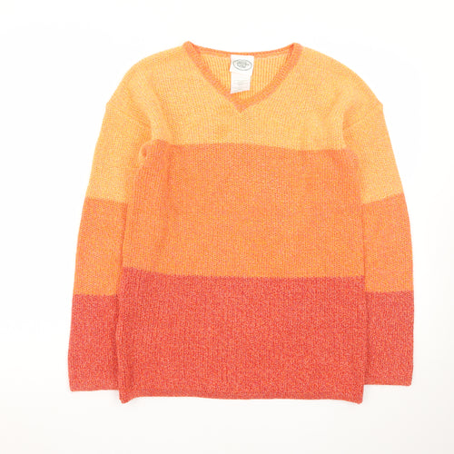 Laura Ashley Women’s Orange Striped V-Neck Cotton Blend Jumper Size S
