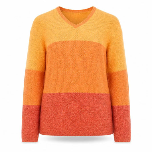 Front view of Laura Ashley Women’s Orange Striped V-Neck Cotton Blend Jumper, size S