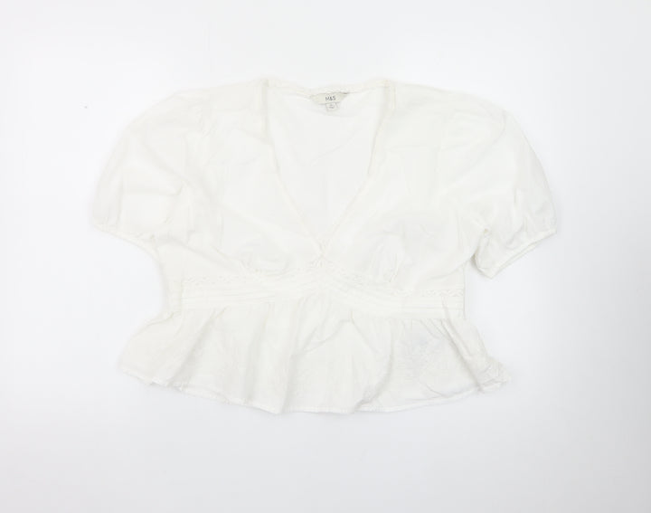 Marks and Spencer Womens White Cotton Peasant Blouse Size 16