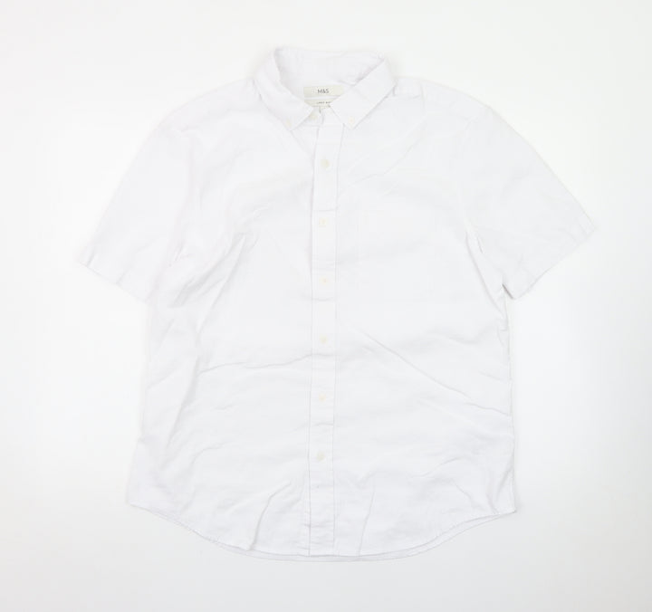 Marks and Spencer Men's White Linen Blend Short Sleeve Button-Up Shirt Size L