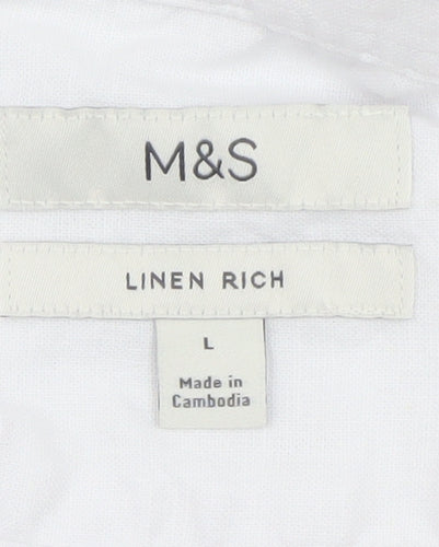 Marks and Spencer Men's White Linen Blend Short Sleeve Button-Up Shirt Size L