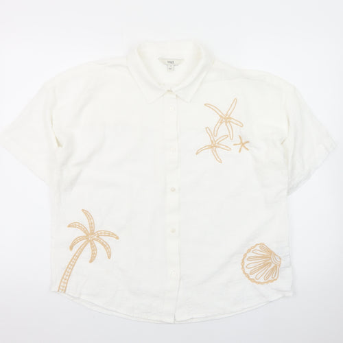 Marks and Spencer Women's White Embroidered Cotton Button-Up Shirt Size 12