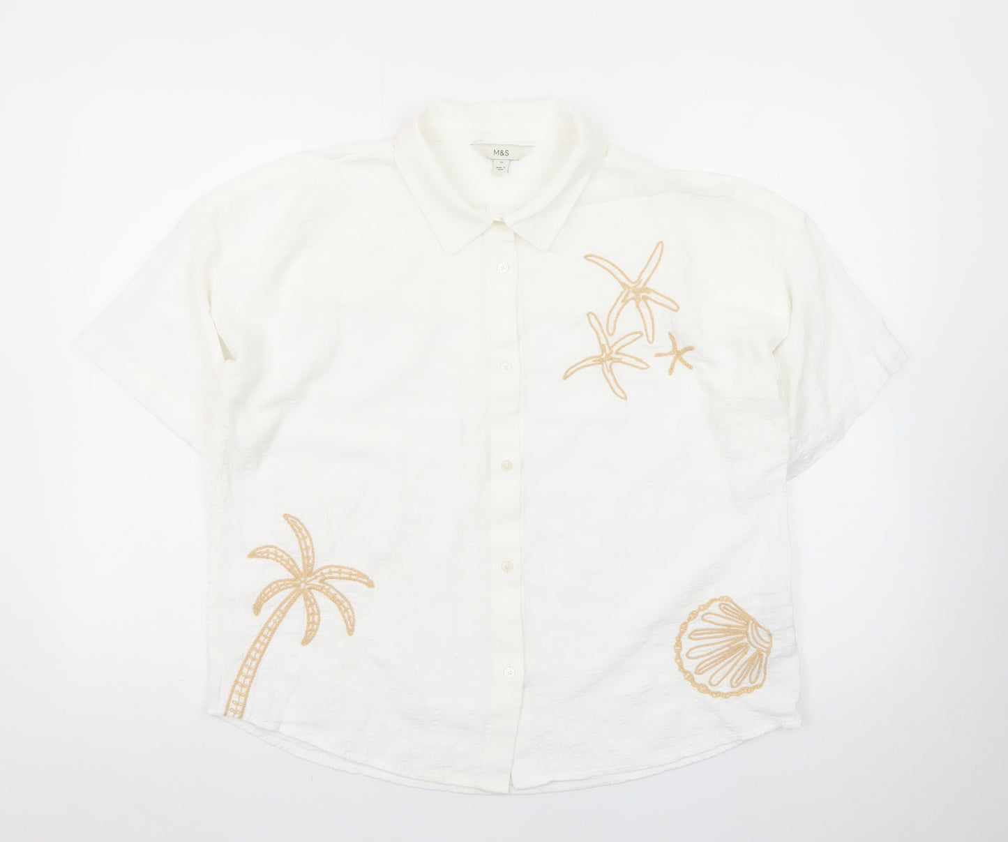 Marks and Spencer Women's White Embroidered Cotton Button-Up Shirt Size 12
