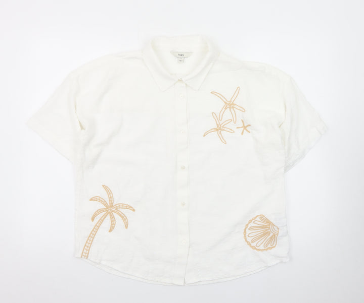 Marks and Spencer Women's White Embroidered Cotton Button-Up Shirt Size 12