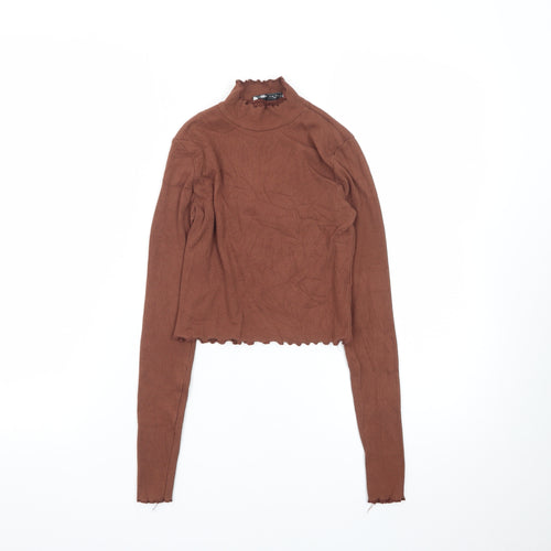 Pull&Bear Women Brown Mock Neck Cropped Long Sleeve Top Size 8