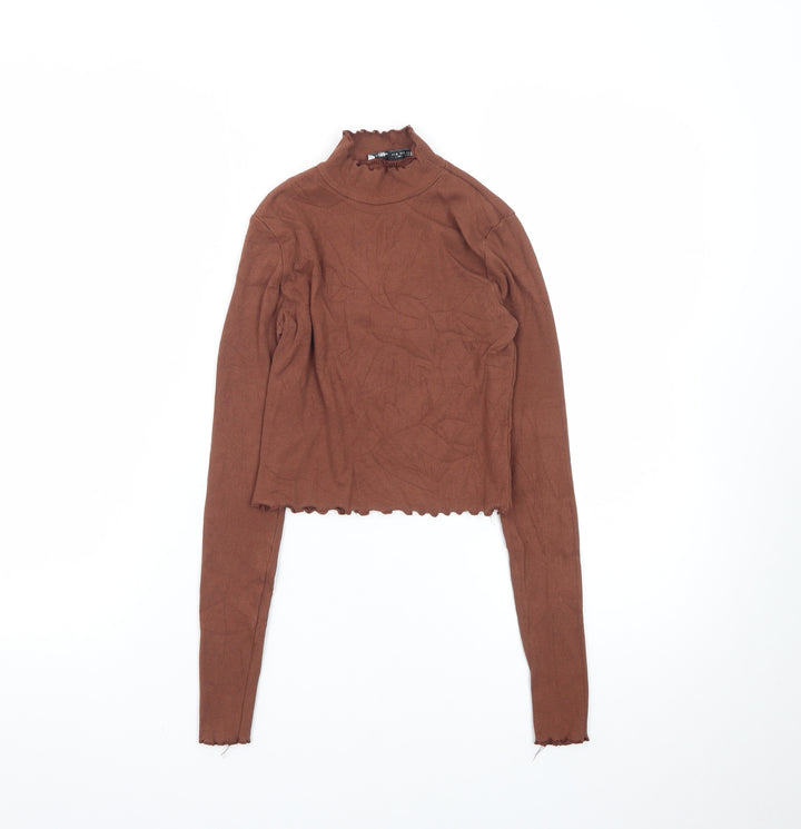 Pull&Bear Women Brown Mock Neck Cropped Long Sleeve Top Size 8