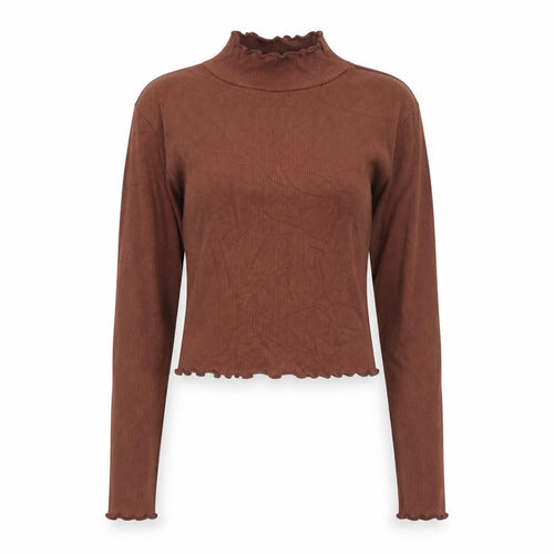Pull&Bear Women Brown Mock Neck Cropped Long Sleeve Top Size 8