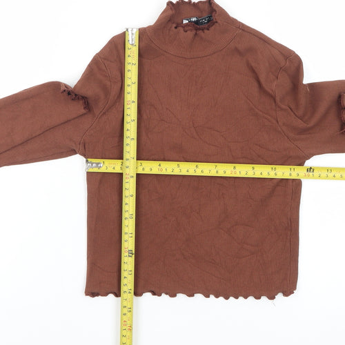Pull&Bear Women Brown Mock Neck Cropped Long Sleeve Top Size 8