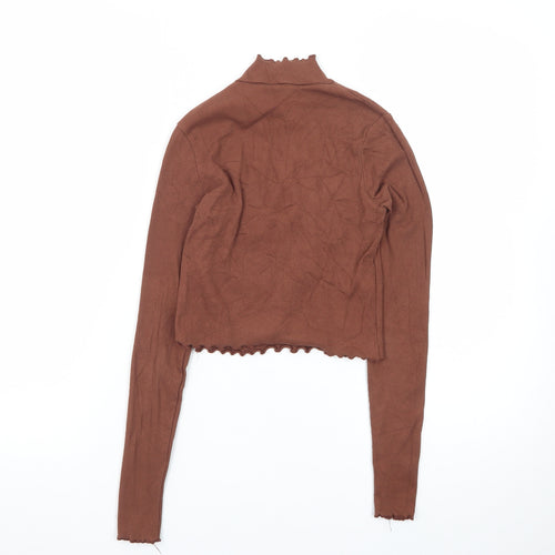Pull&Bear Women Brown Mock Neck Cropped Long Sleeve Top Size 8