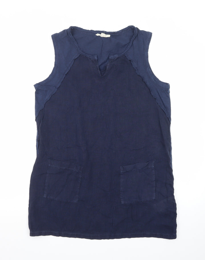 White Stuff Women's Blue Linen Cotton Sleeveless Shift Dress UK 12