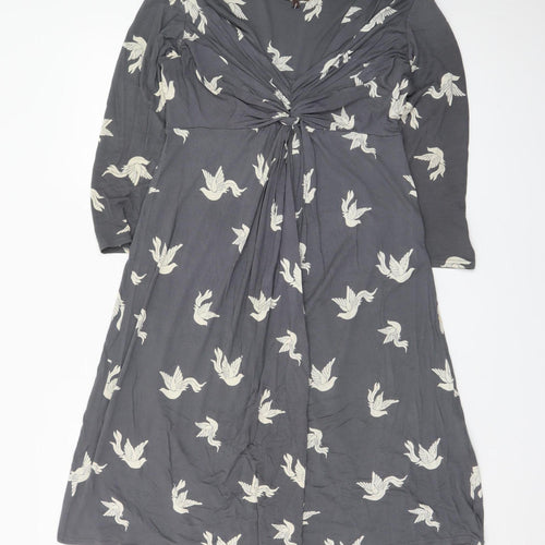 Phase Eight Women's Grey Bird Print V-Neck A-Line Dress Size 10