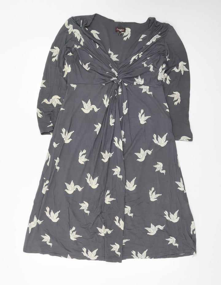 Phase Eight Women's Grey Bird Print V-Neck A-Line Dress Size 10