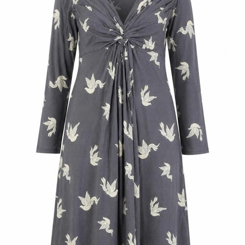 Phase Eight Women's Grey Bird Print V-Neck A-Line Dress Size 10