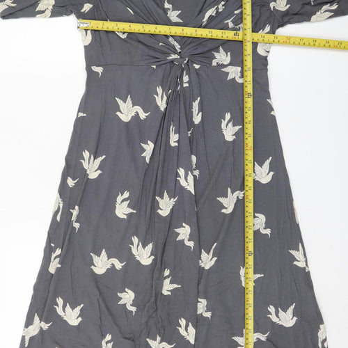 Phase Eight Women's Grey Bird Print V-Neck A-Line Dress Size 10