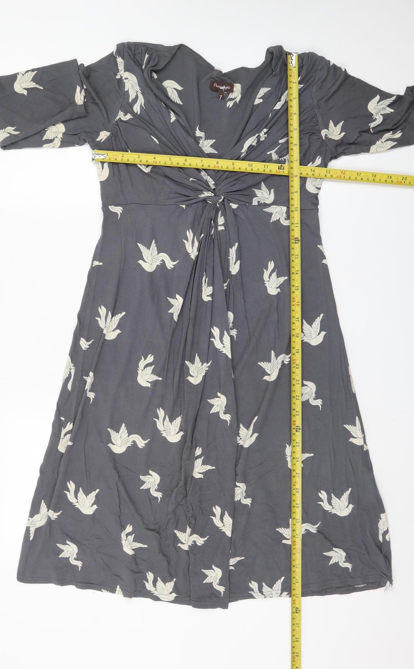 Phase Eight Women's Grey Bird Print V-Neck A-Line Dress Size 10