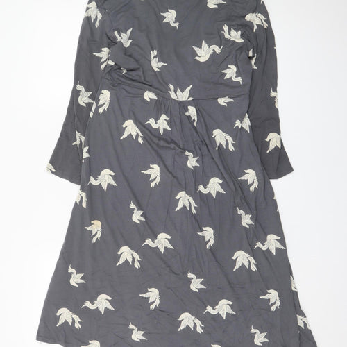Phase Eight Women's Grey Bird Print V-Neck A-Line Dress Size 10