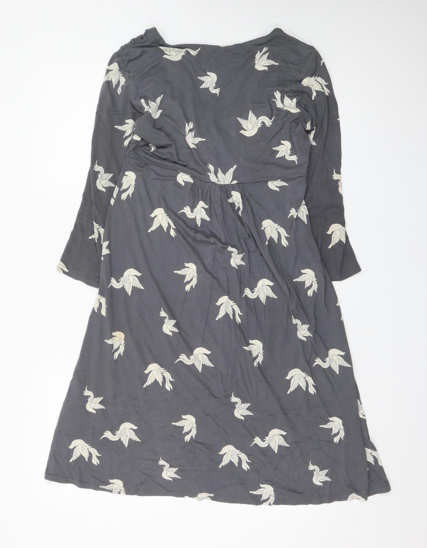 Phase Eight Women's Grey Bird Print V-Neck A-Line Dress Size 10
