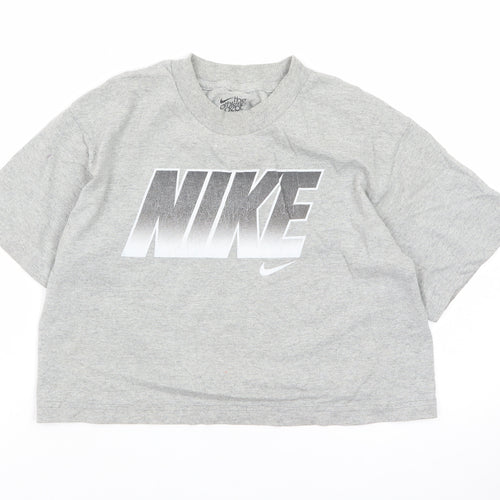 Nike Women Grey Cropped Sports T-Shirt L Short Sleeve Cotton Blend