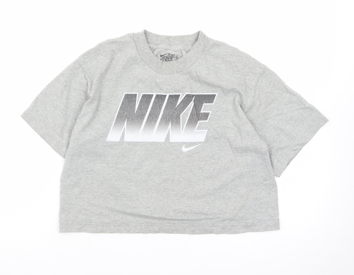 Nike Women Grey Cropped Sports T-Shirt L Short Sleeve Cotton Blend