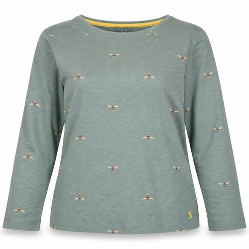 Joules Womens Green Bee Embroidered Long Sleeve Cotton T-Shirt UK 14