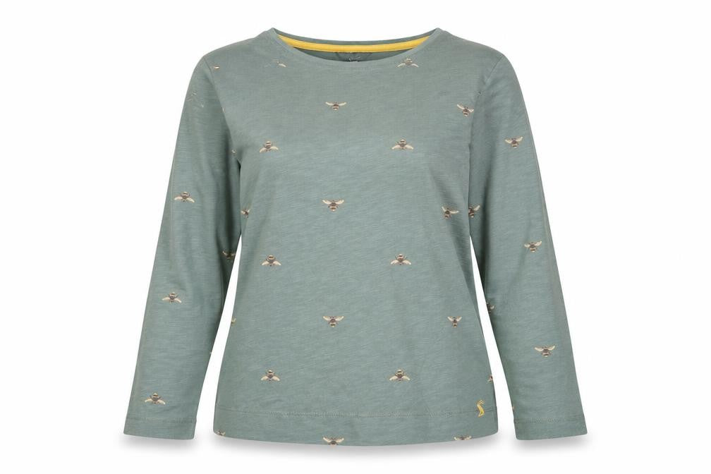 Joules Womens Green Bee Embroidered Long Sleeve Cotton T-Shirt UK 14