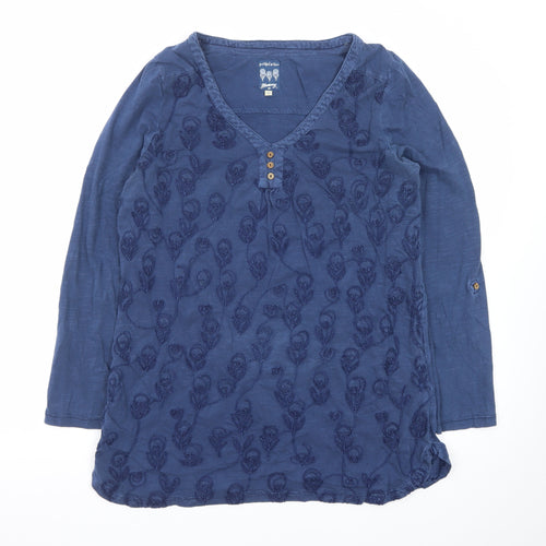 Mantaray Women's Blue Embroidered Cotton Tunic Blouse Size 12