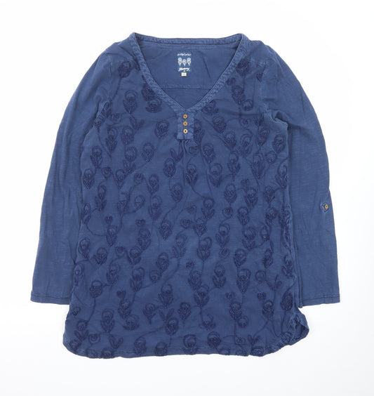 Mantaray Women's Blue Embroidered Cotton Tunic Blouse Size 12