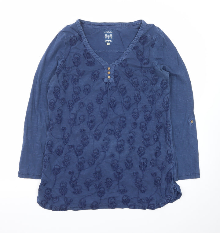 Mantaray Women's Blue Embroidered Cotton Tunic Blouse Size 12