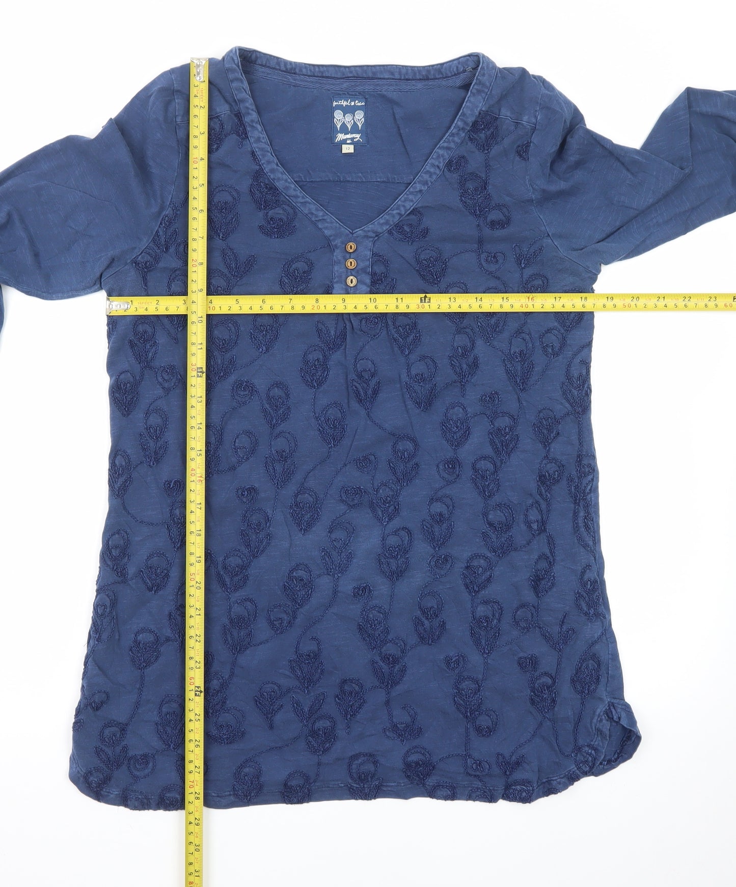Mantaray Women's Blue Embroidered Cotton Tunic Blouse Size 12