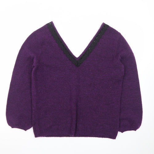 Monsoon Women’s Purple Wool V-Neck Lace Trim Jumper M