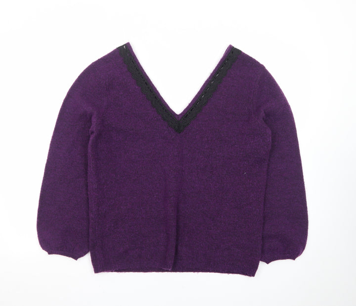 Monsoon Women’s Purple Wool V-Neck Lace Trim Jumper M