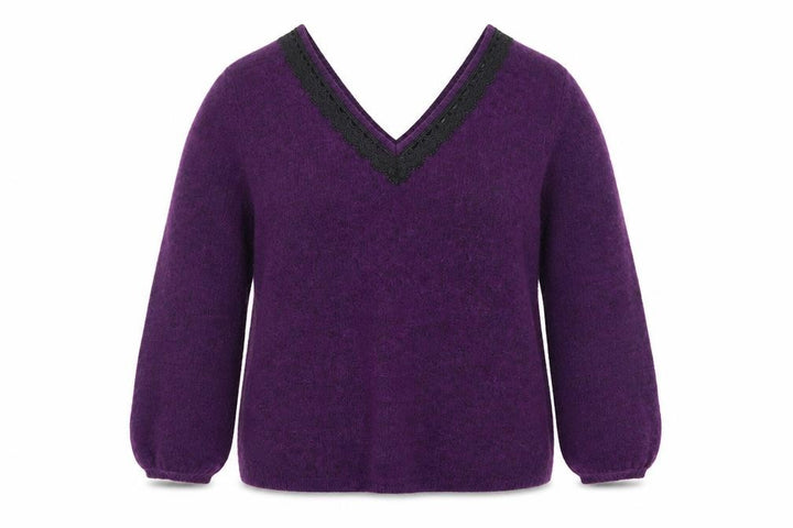 Monsoon Women’s Purple Wool V-Neck Lace Trim Jumper M