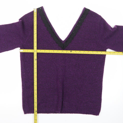 Monsoon Women’s Purple Wool V-Neck Lace Trim Jumper M