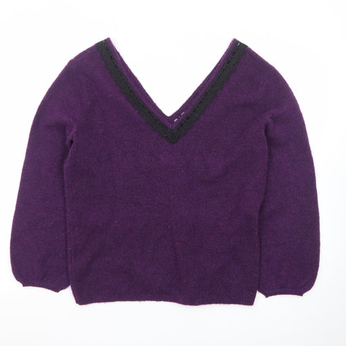 Monsoon Women’s Purple Wool V-Neck Lace Trim Jumper M