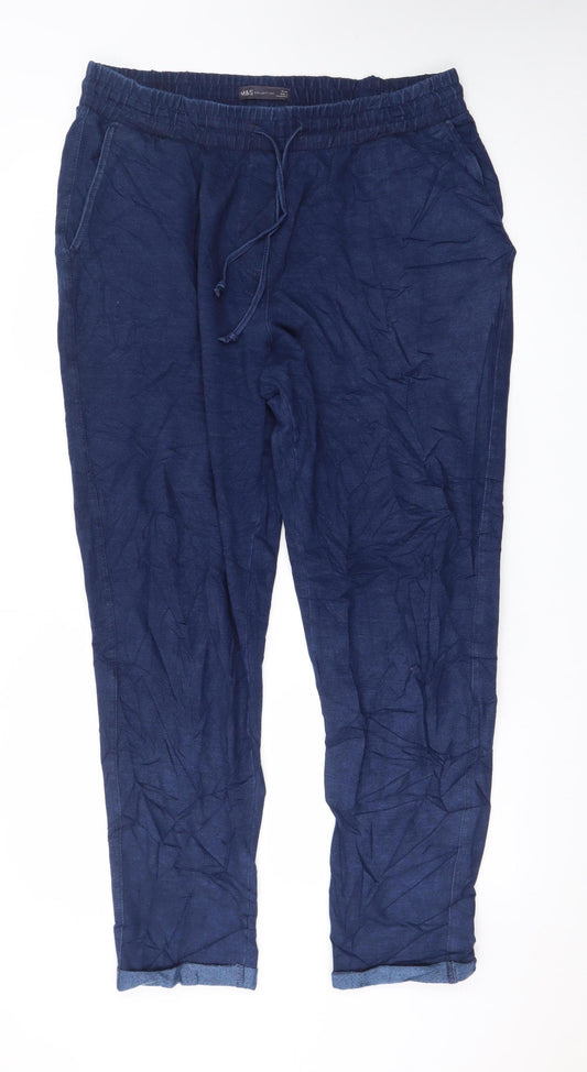 Marks and Spencer Women Blue Linen Relaxed Trousers Size 16