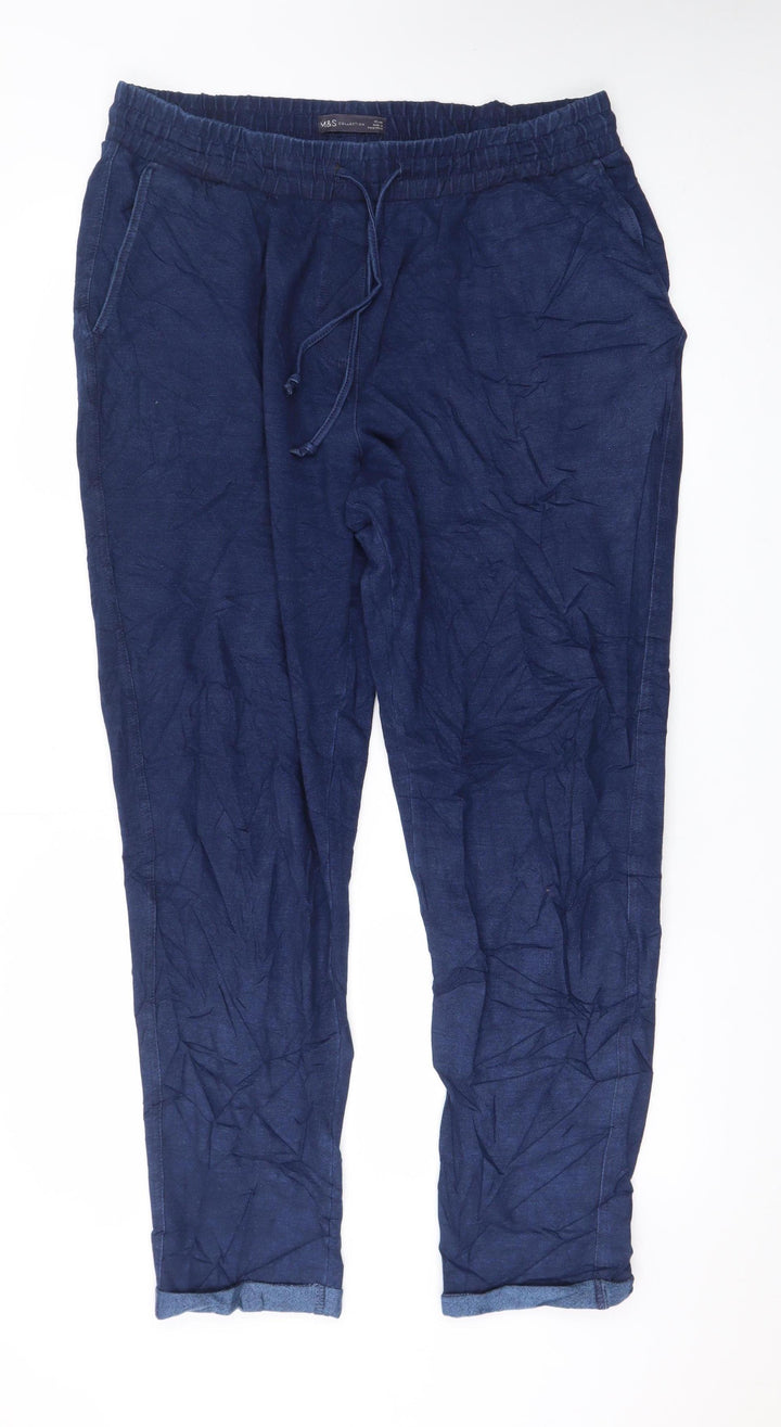 Marks and Spencer Women Blue Linen Relaxed Trousers Size 16