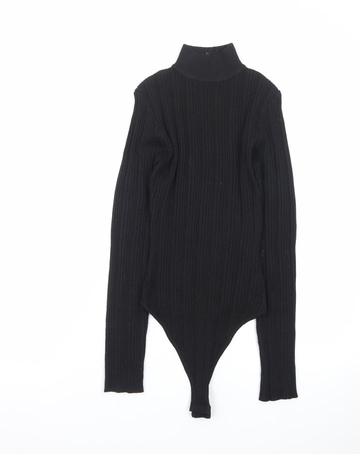 Missguided Women’s Black Ribbed Roll Neck Bodysuit Size 8 Long Sleeve